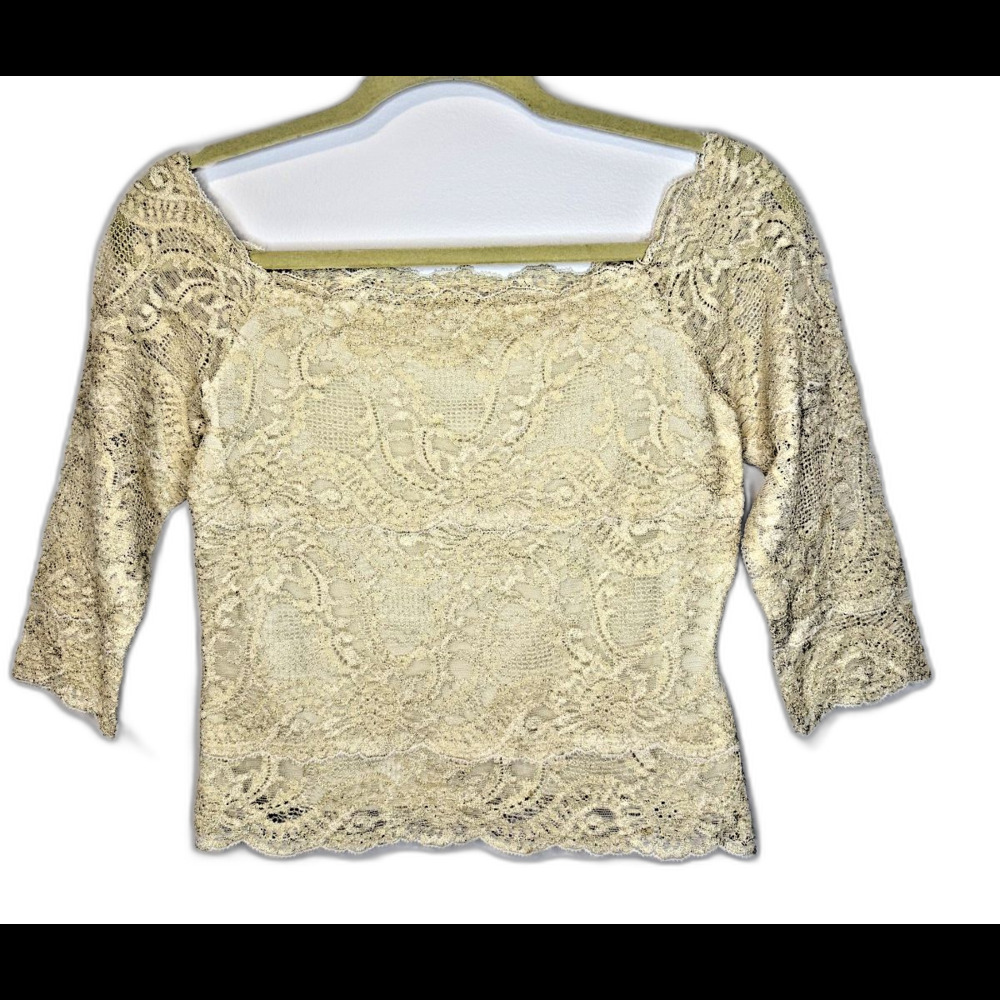 Vintage Kay Celine Lace Top 3/4 Sleeve Front Lined Sheer Back Ivory Sz M 90's